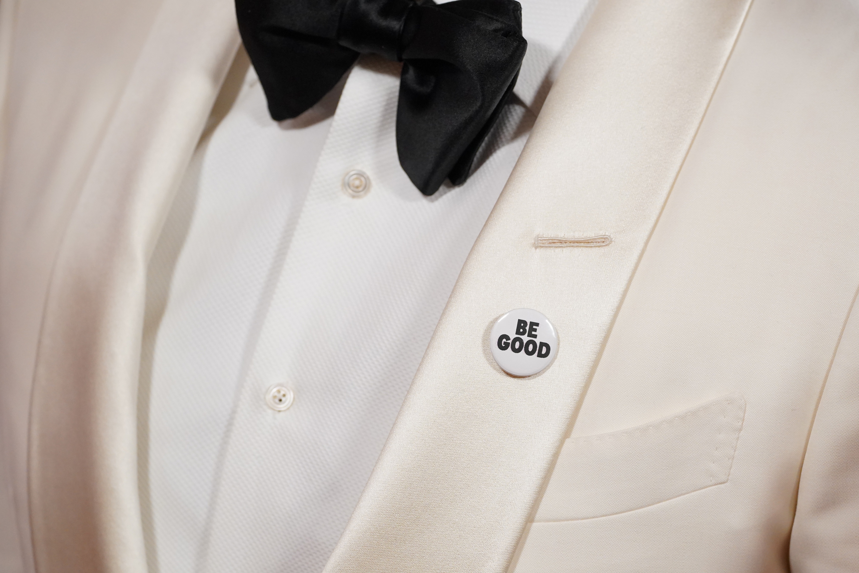 Mark Ruffalo, wearing a "Be Good" pin, arrives at the 83rd Golden Globes on Sunday, Jan. 11, 2026, at the Beverly Hilton in Beverly Hills, Calif.